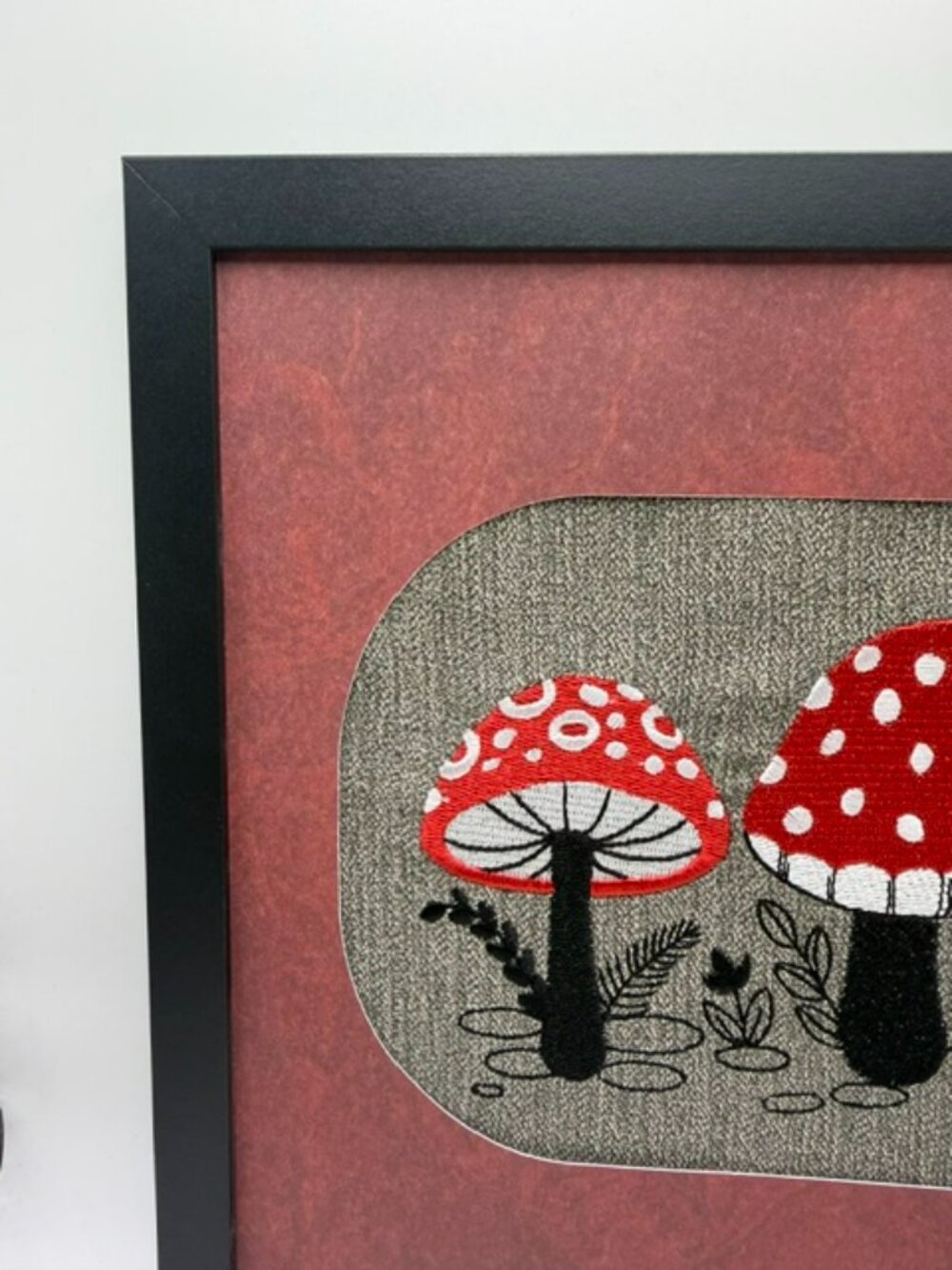 Homemade Red & Black Framed Mushroom Embroider Art - Picture 5 of 6